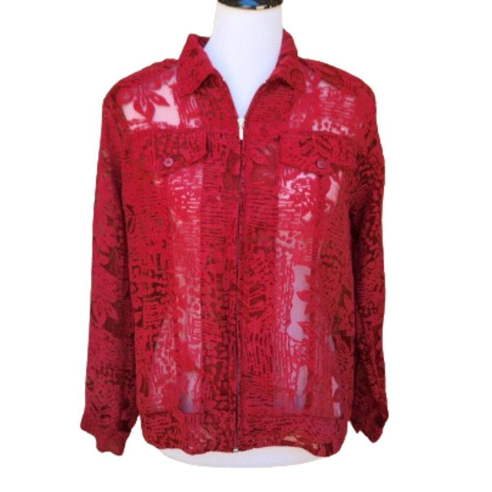 Allyson Whitmore VTG Red Burnout Print Lightweight Jacket Zip-Up Semi-Sheer